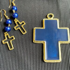 Blue and Gold Modern Cross Earrings